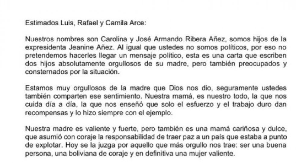 Parte de la carta escrita por los hijos de Áñez, a los hijos de Luis Arce.