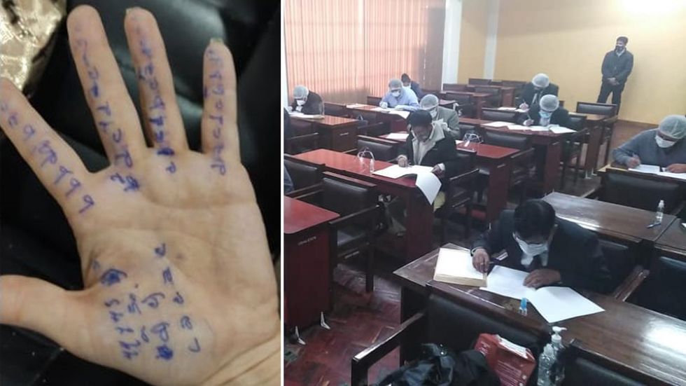 Las respuestas en la palma mano de un postulante; al lado, abogados en una de las pruebas.