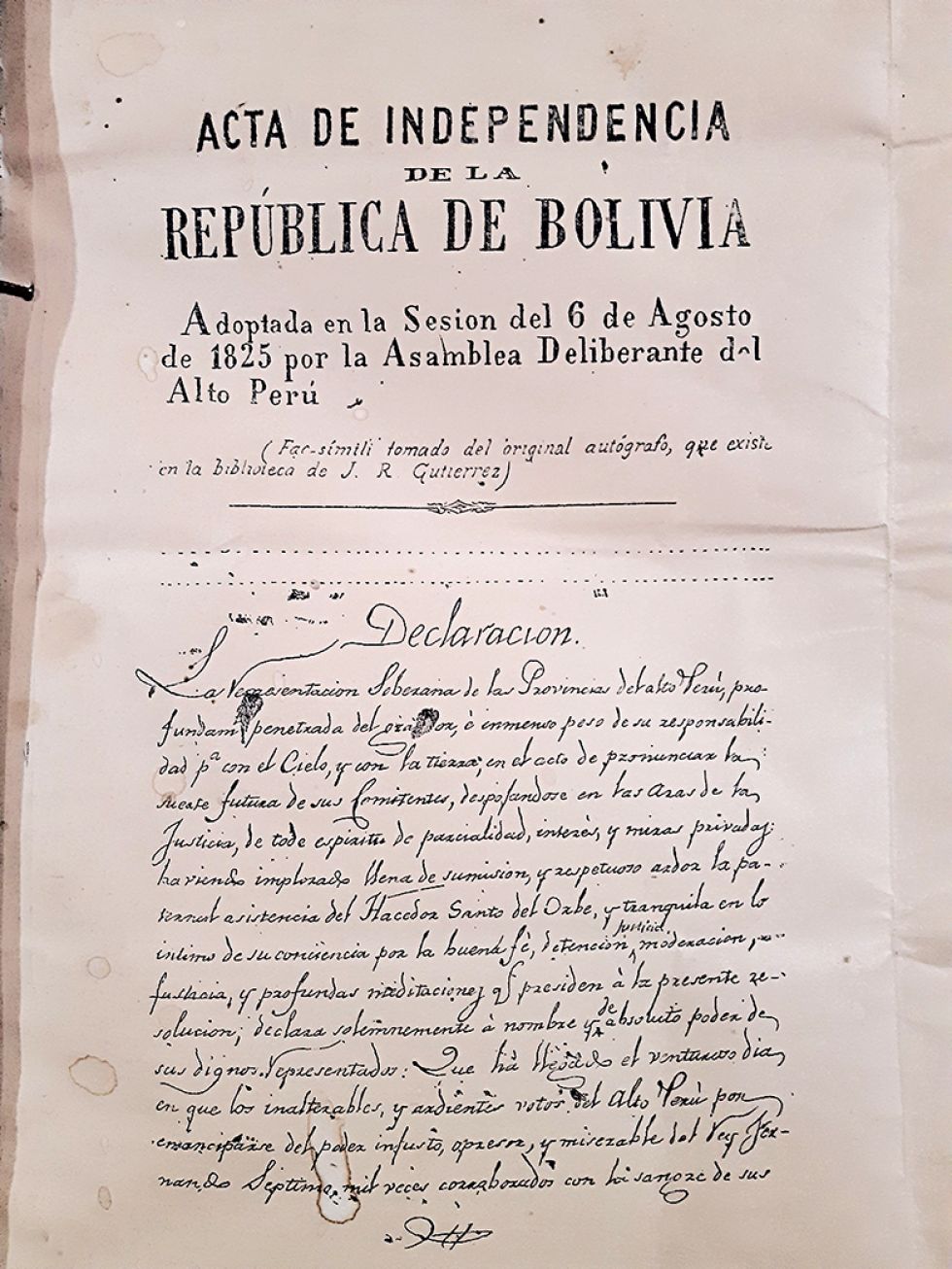 Una de las copias originales del Acta de la Independencia en Colquechaca.