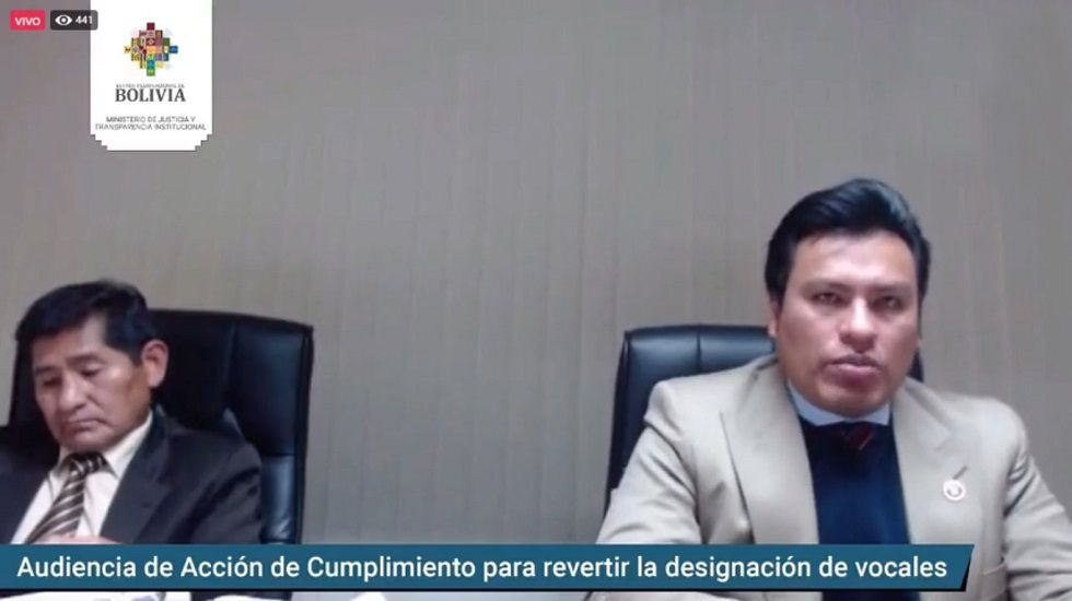 Los vocales constitucionales Alfredo Jaimes e Israel Campero, durante la audiencia virtual.