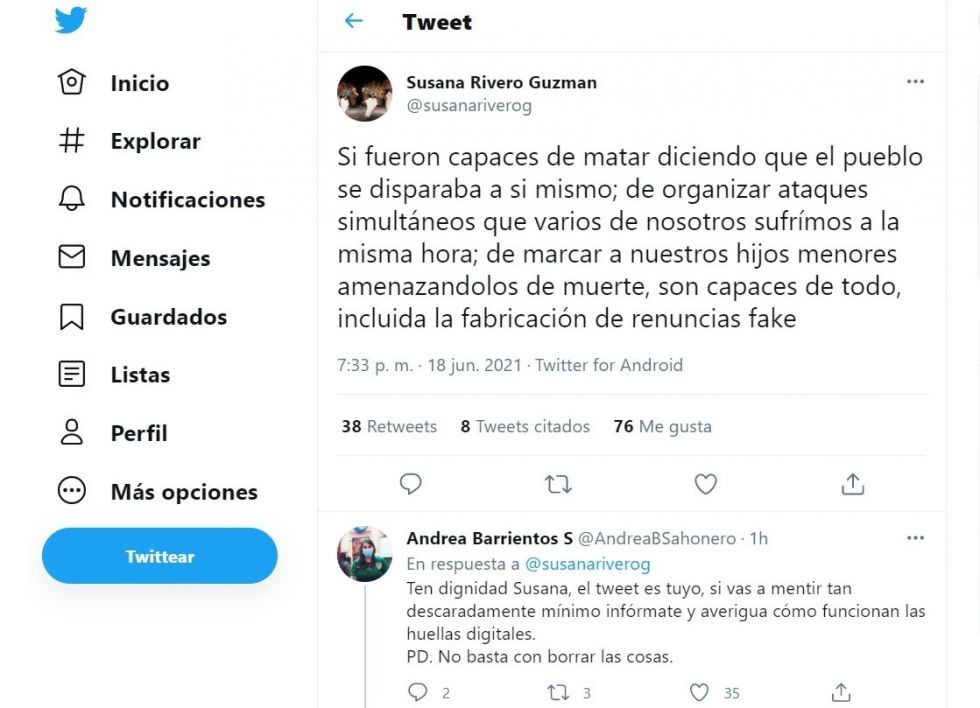 El cruce de tuits entre la exdiputada Susana Rivero y la senadora Andrea Barrientos.