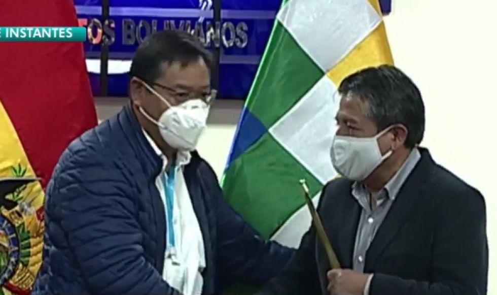 Luis Arce y David Choquehuanca, en la entrega del Bastón de mando cuando el Presidente viajó a México.
