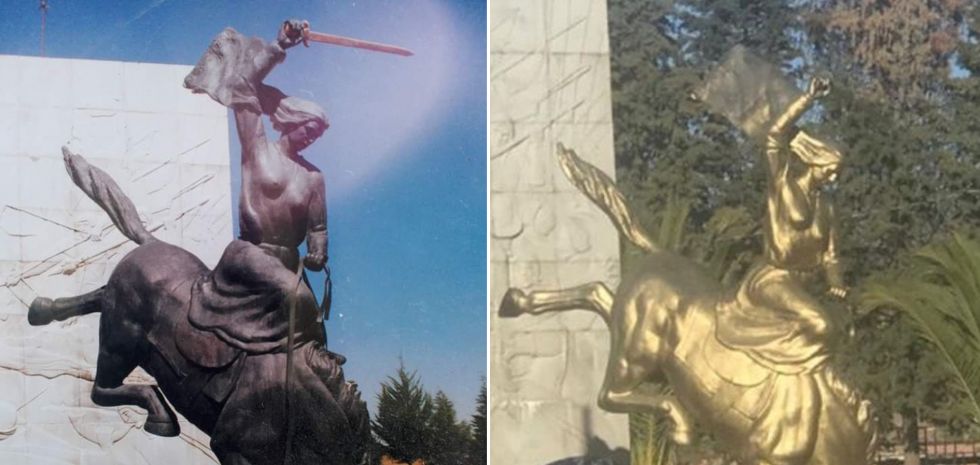 El monumento de Juana Azurduy de Padilla pintado de color dorado (d).