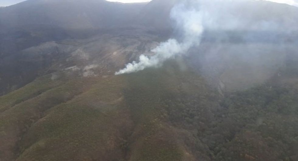 El sector afectado en el área protegida El Palmar, Presto, Chuquisaca. Toma aérea del sobrevuelo del Viceministro de Defensa Civil.