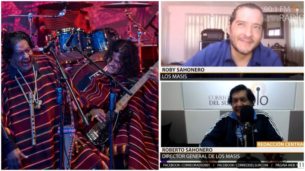 Roberto y Roby Sahonero, de Los Masis, durante la serenata al 25 de Mayo y en la entrevista en Correo del Sur Radio.