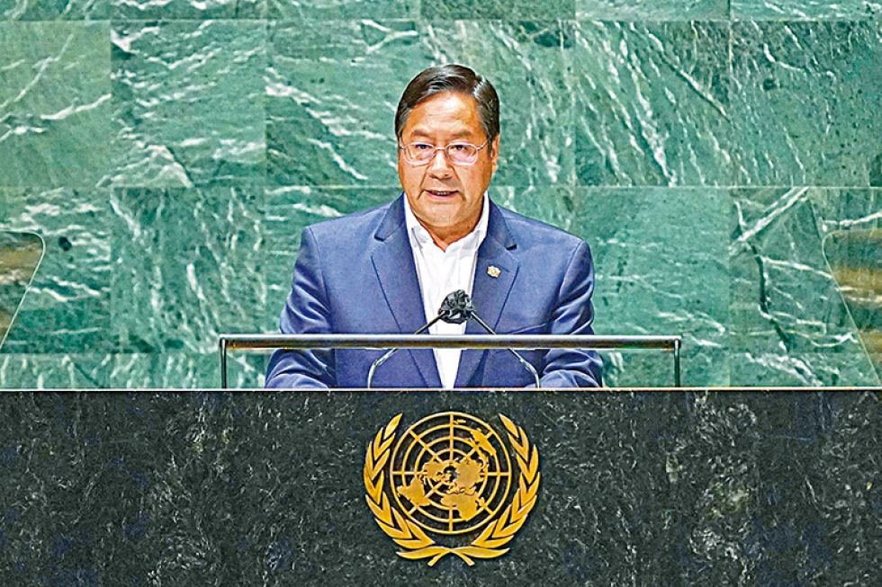 FORO. El presidente Luis Arce en su intervención durante la 76 Asamblea General de la Organización de las Nacionales Unidas en Nueva York, ayer.