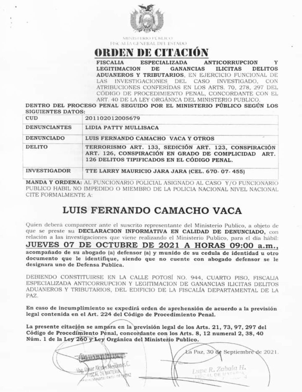 La citación al gobernador cruceño, Luis Fernando Camacho, para declarar por el caso del supuesto golpe.
