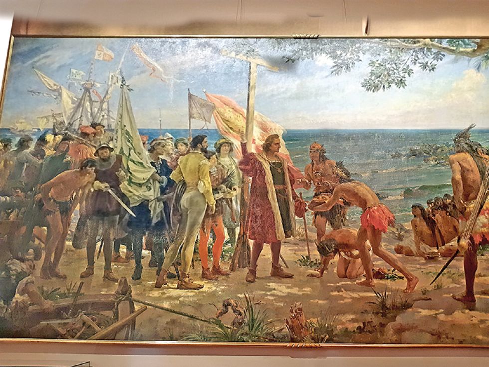 Cuadro de la llegada de Colón en el Museo naval de Madrid.