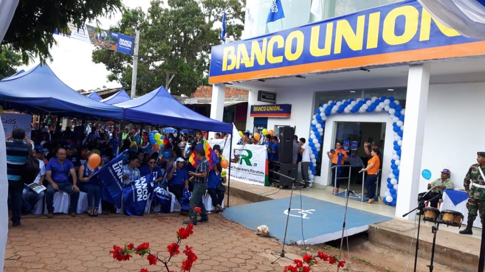 El banco de Riberalta cuando era inaugurado por el presidente Evo Morales, en 2018.