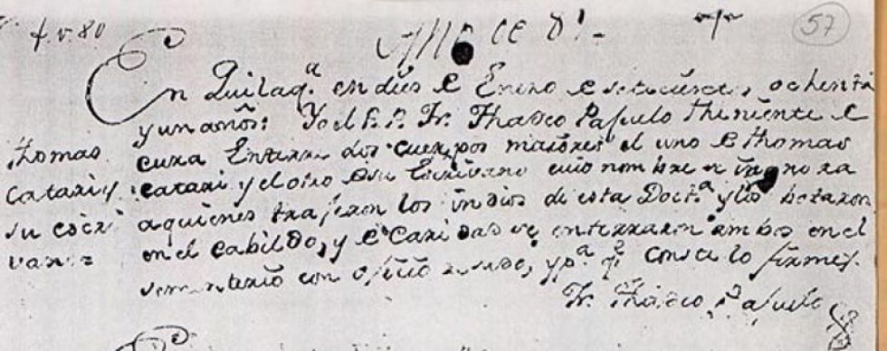 DOCUMENTO. La partida de entierro de Tomás Katari, firmada por el fray Tadeo Pajuelo.