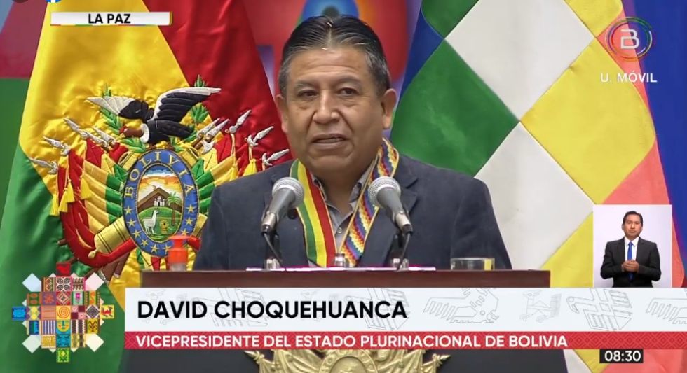 El vicepresidente David Choquehuanca, durante su mensaje por el 13 aniversario del Estado Plurinacional.