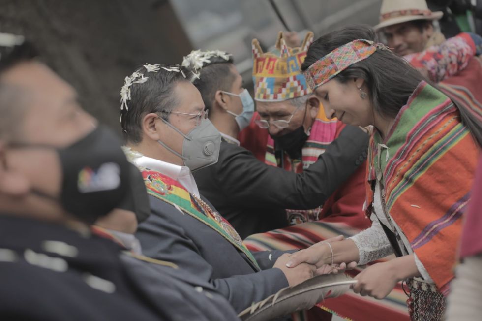 El presidente Luis Arce durante el acto central por el Día del Estado Plurinacional, este sábado.