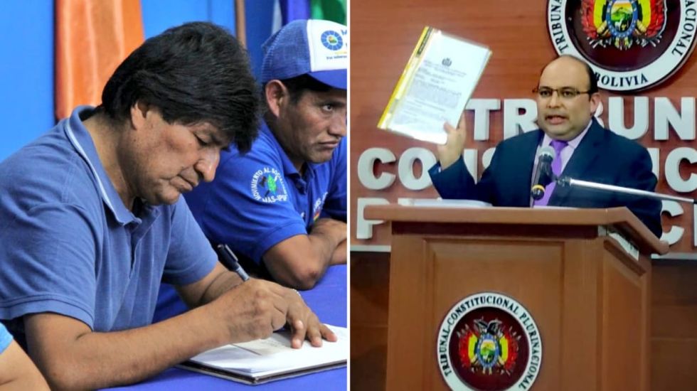 El presidente del TCP, Paul Franco, en conferencia de prensa. A la izquierda, Evo Morales, en una foto de archivo.
