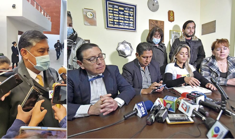 ENFRENTADOS. El pronunciamiento de la defensa de Áñez en la ciudad de La Paz y del fiscal general Juan Lanchipa en Sucre, ayer.