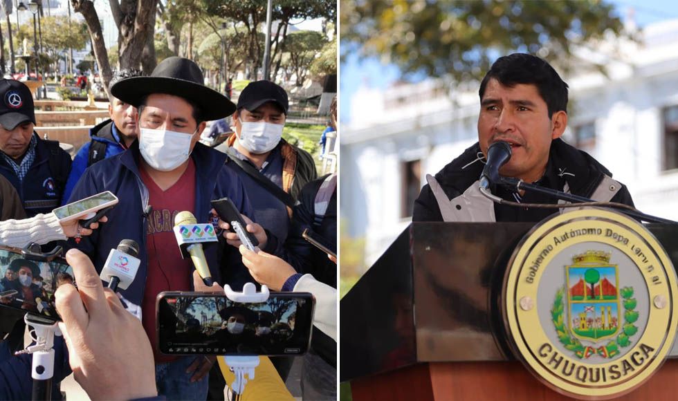 Mario Seña, ejecutivo de la Futpoch, anunció el bloqueo; al lado, el gobernador Damián Condori.