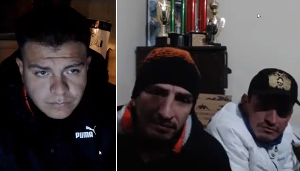 Yassir Molina (i) y los hermanos Antonio y Fabio Bascopé durante su audiencia virtual.