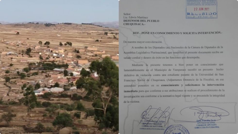 Una foto de archivo de Yamparáez y la carta de dos diputadas al Defensor del Pueblo en Chuquisaca sobre el caso.