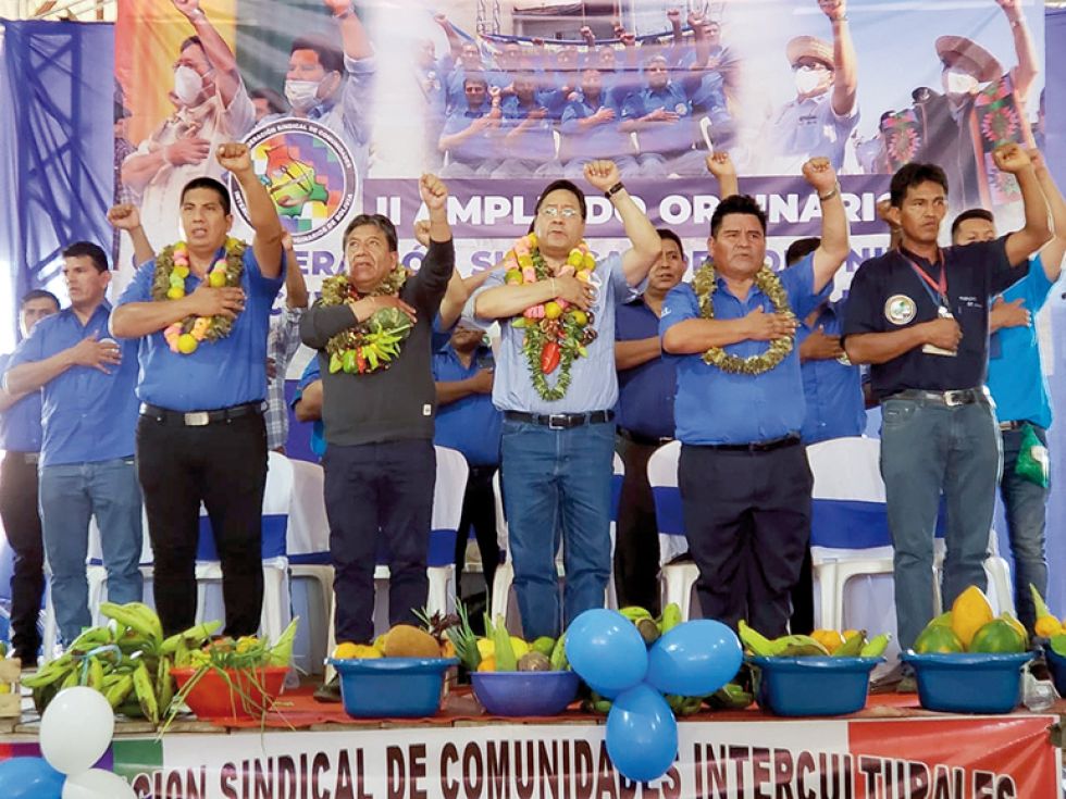 ACTO. Arce y Choquehuanca en la inauguración del ampliado de la Confederación Sindical de Comunidades Interculturales Originarias de Bolivia, ayer.