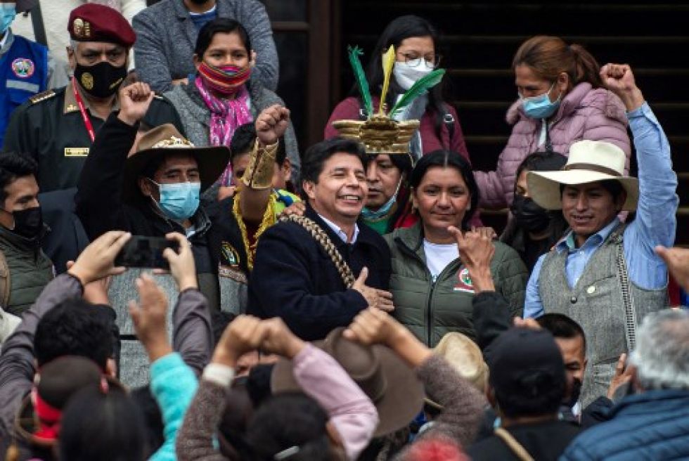 Pedro Castillo participa de un acto político en la región de Cajamarca.