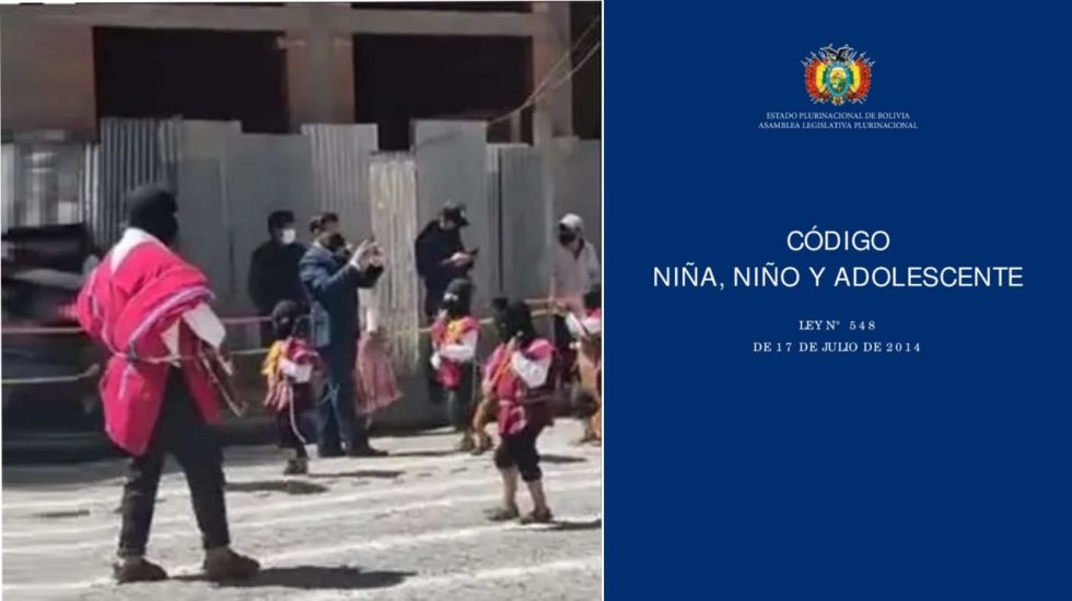 Niños desfilando con armas de juguetes y la portada del Código Niña, Adolescente.