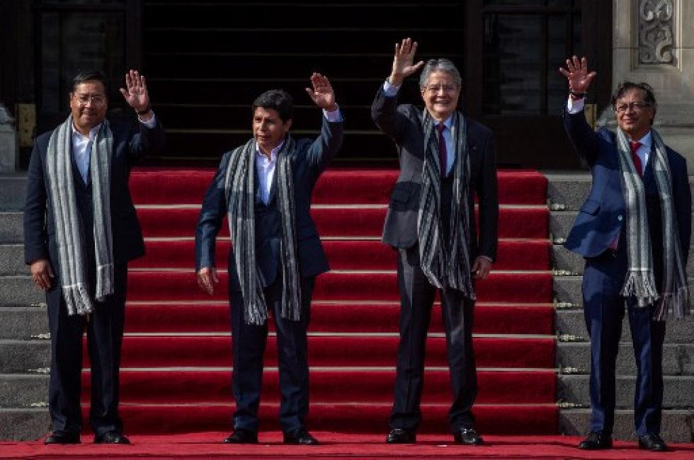 Los presidentes Luis Arce (Bolivia), Pedro Castillo (Perú), Guillermo Lasso (Ecuador) y Gustavo Petro (Colombia).