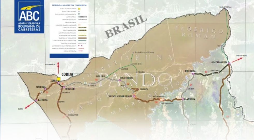 El mapa de Pando donde figuran las carreteras y rutas departamentales, elaborado por la ABC.