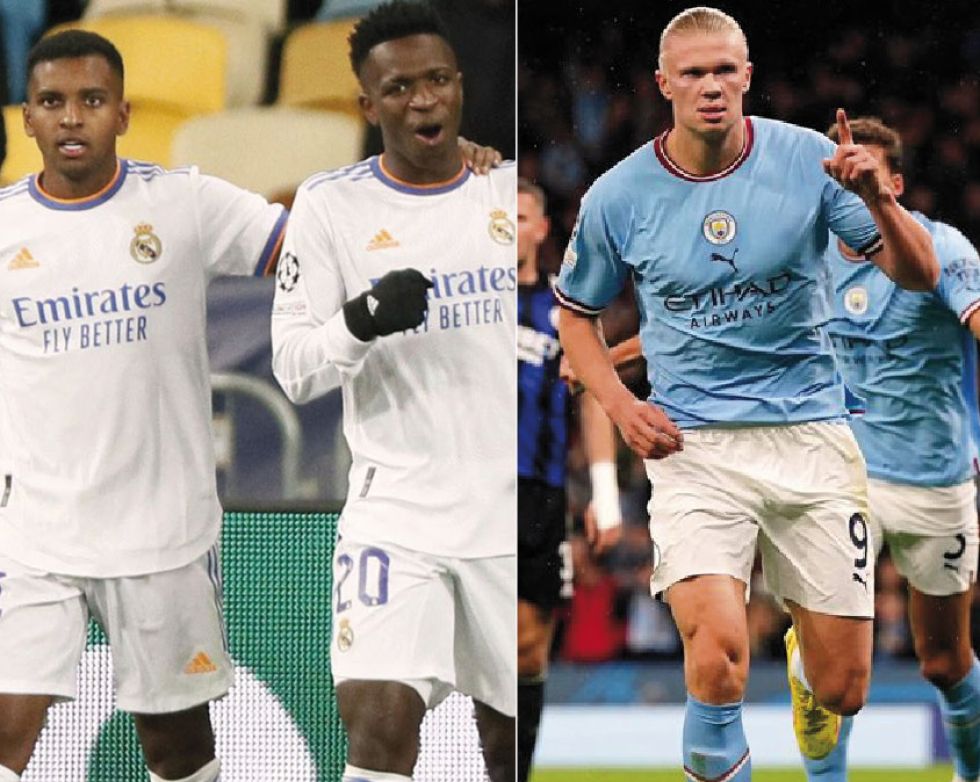 Vinicius Jr y Rodrygo festejan el segundo tanto de los Merengues (i); Haaland celebra uno de sus goles.
