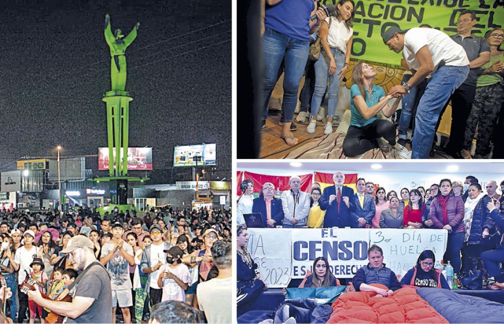 SANTA CRUZ. La concentración de anoche en El Cristo; al lado, la huelga de una asambleísta y la conferencia de prensa y huelga de CC.