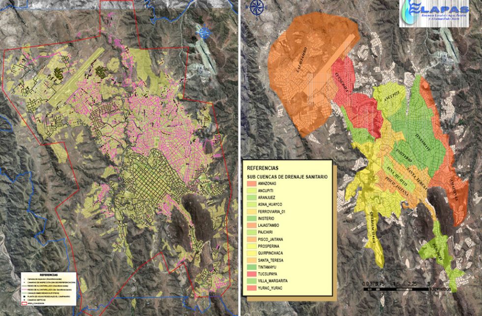 PANORAMA. A la izquierda, las redes de alcantarillado de Sucre; al lado las subcuencas de drenaje del área urbana del municipio.