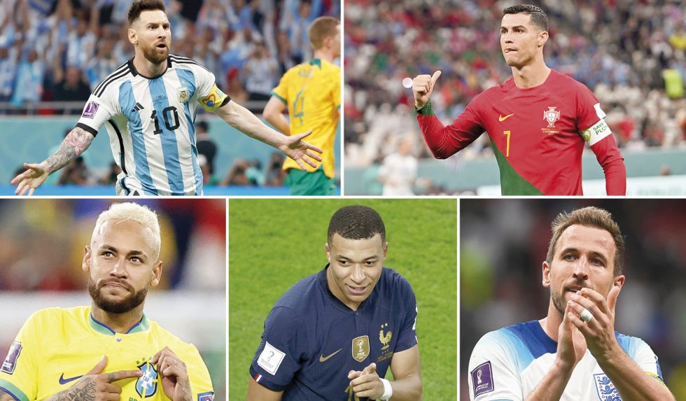 Arriba, el argentino Lionel Messi (i) y el portugués Cristiano Ronaldo juegan su último Mundial. Abajo, el brasileño Neymar (i), el francés Kylian Mbappé (c) y el inglés Hary Kane.