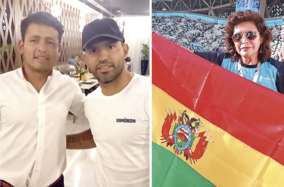 DOHA. Luis Fernando con el ‘Kun’ Agüero y, al lado, Nancy Cruz en un estadio de Catar.