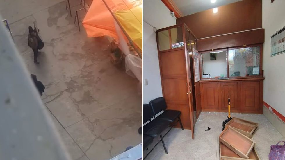 La captura de un video que registró el asalto; al lado, la casa de cambios.