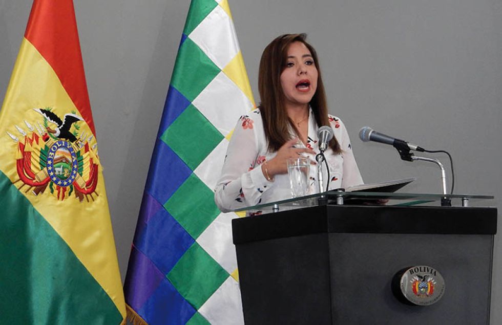 AUTORIDAD. La viceministra de Comunicación Gabriela Alcón, en conferencia de prensa, ayer.