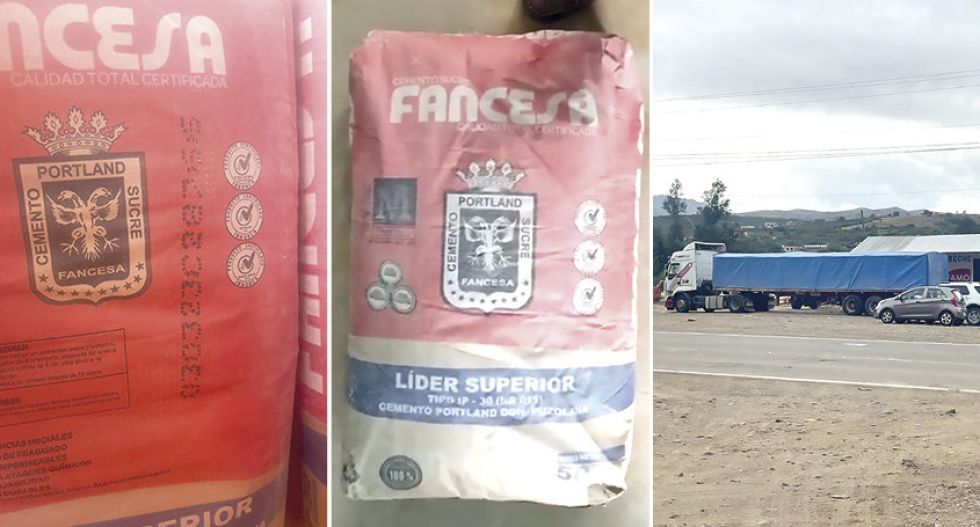 IRREGULARIDADES. Una bolsa de cemento con código y una imagen de una de las bolsas halladas sin código; al lado, la carga hallada en Yotala.