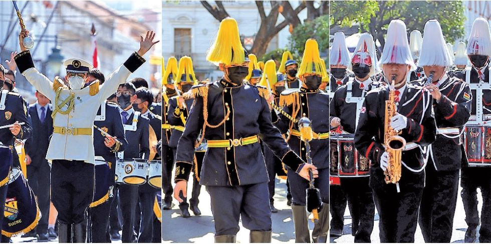 DESFILE. La bandas de guerra de los colegios Don Bosco (i), Nacional Junín (centro) y Jaime de Zudáñez (d).