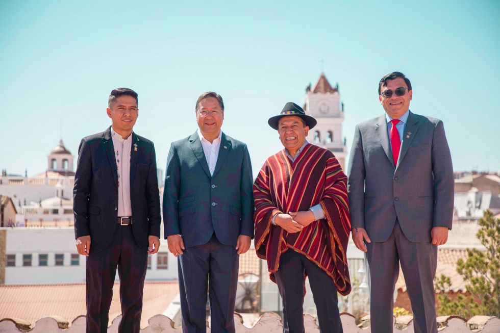 De izquierda a derecha, Andrónico Rodríguez, Luis Arce, David Choquehuanca y Jerges Mercado.
