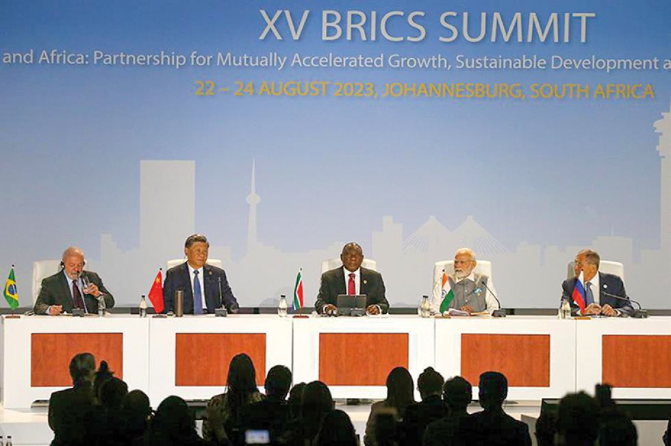 CUMBRE. Los representantes de Brasil, China, Sudáfrica, India y Rusia en Johannesburgo, Sudáfrica.