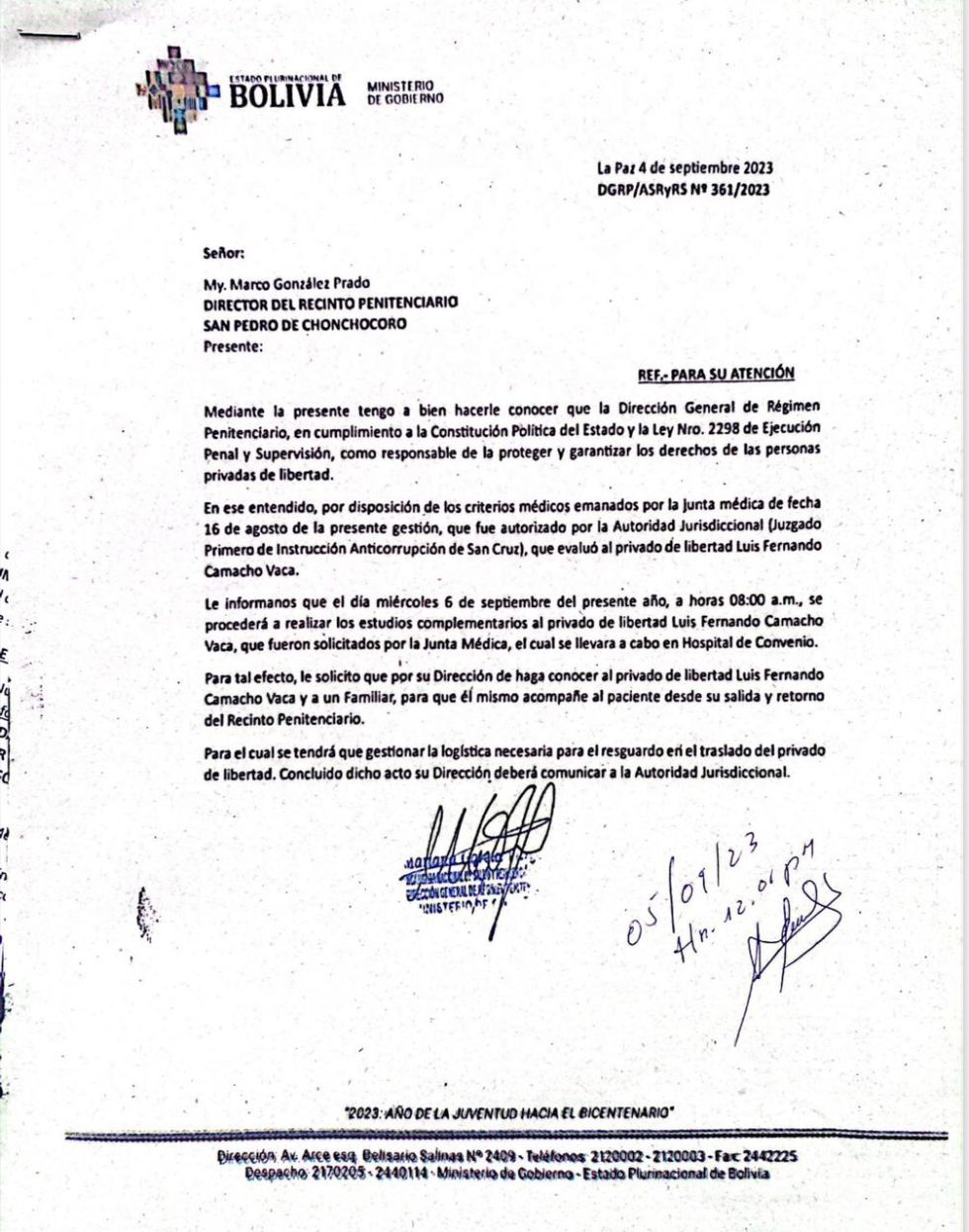 La carta en la que se comunica el traslado de Camacho y un familiar a un hospital de convenio.