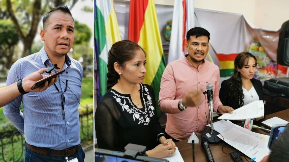 El secretario Jairo Gutiérrez; al lado, los asambleístas de CST que piden su salida.