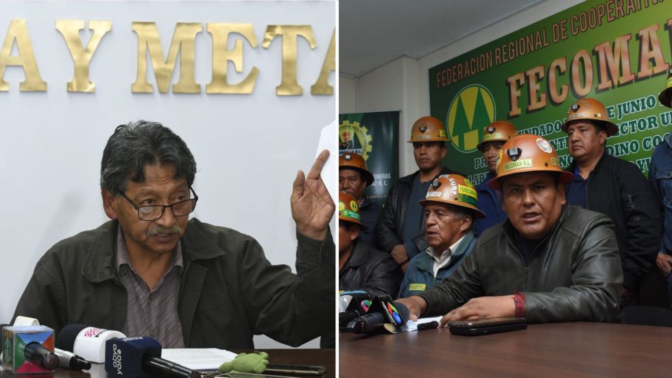 El ministro de Minería, Marcelino Quispe; al lado, los dirigentes de los mineros auríferos.
