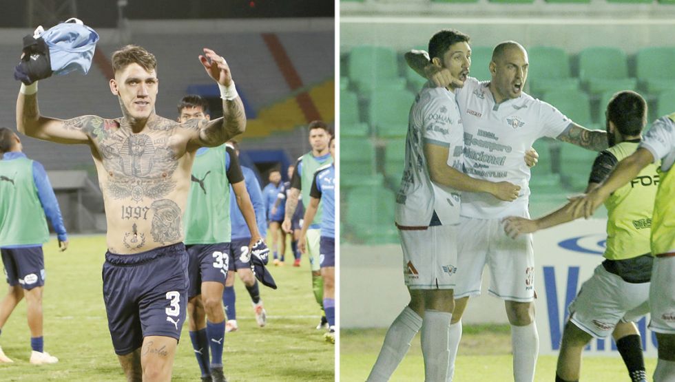 La celebración de Bentaberry, defensor de Bolívar, tras la clasificación del celeste; al lado, el festejo de los aviadores tras el gol de Nahuelpan.