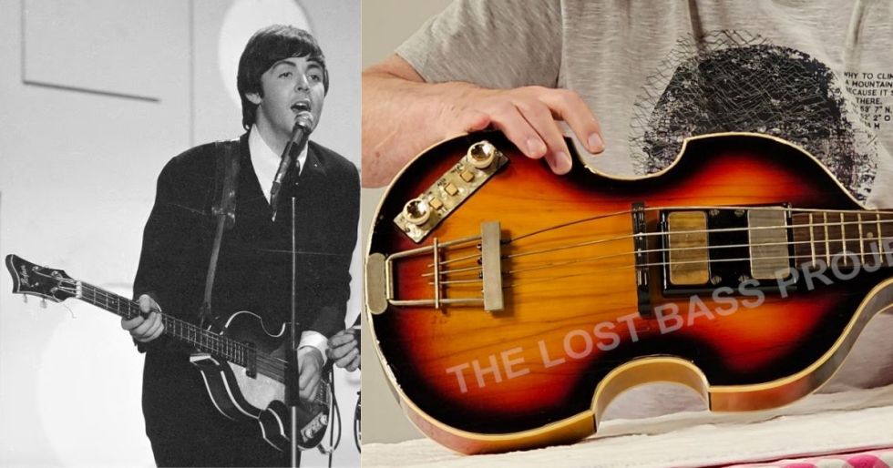 Paul McCartney con el bajo Höfner en una presentación de los Beatles/La demostración del bajo encontrado.
