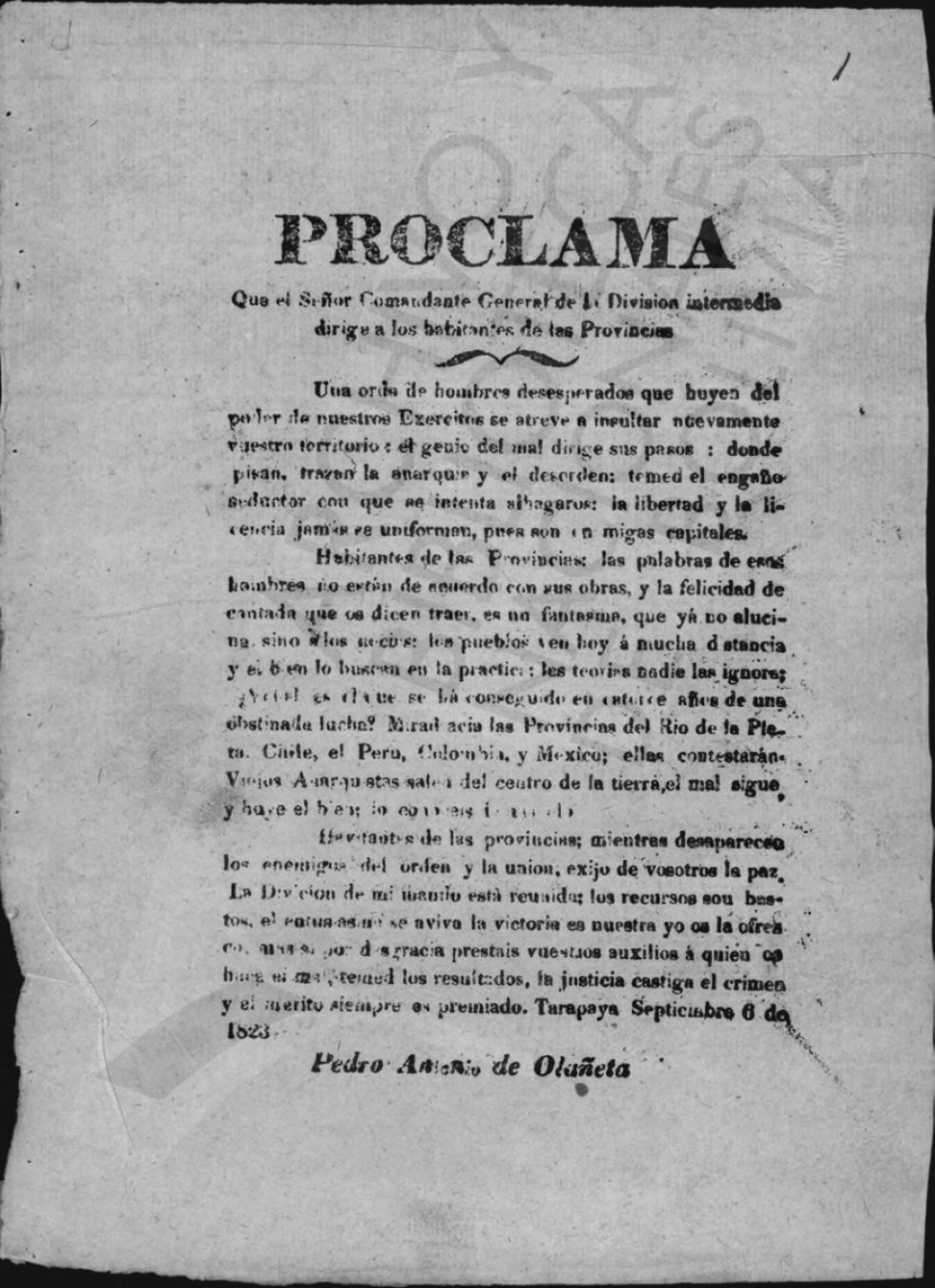 Proclama de Olañeta fechada en Tarapaya el 6 de septiembre de 1823.