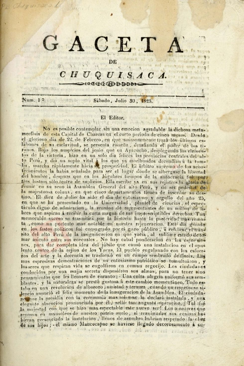 Primer número de la Gaceta de Chuquisaca.