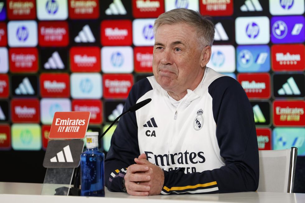 El técnico italiano del Real Madrid Carlo Ancelotti, durante su rueda de prensa de este sábado.