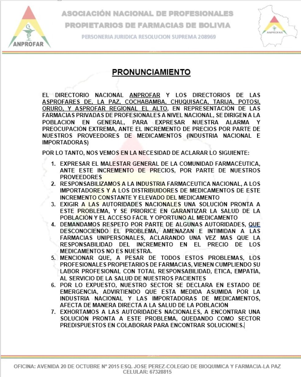 El pronunciamiento de la Asociación Nacional de Profesionales Propietarios de Farmacias de Bolivia.
