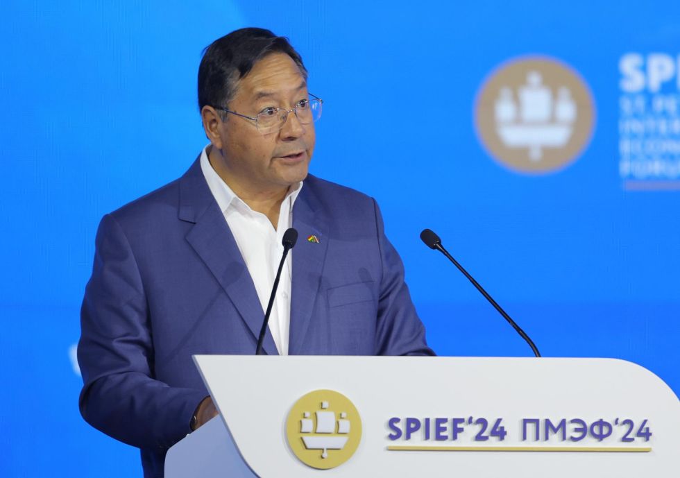 El presidente Luis Arce, durante su discurso en el Foto Económico de San Petersburgo.