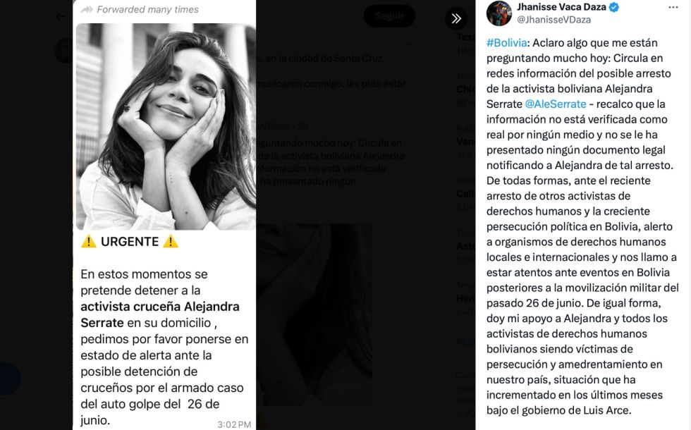 La alerta que publicó la activista Jhanisse Vaca en su cuenta de X.