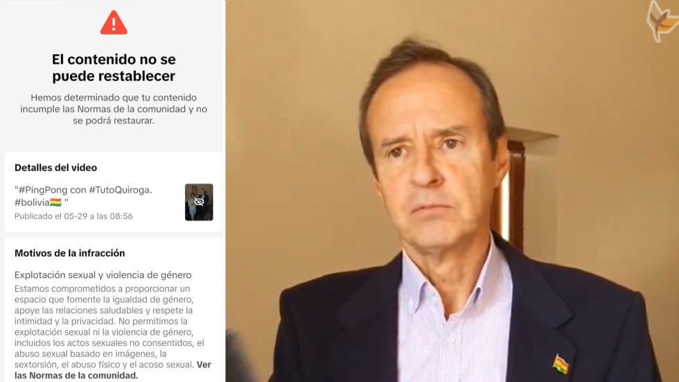 El aviso de TikTok sobre la censura del video de Jorge Tuto Quiroga.