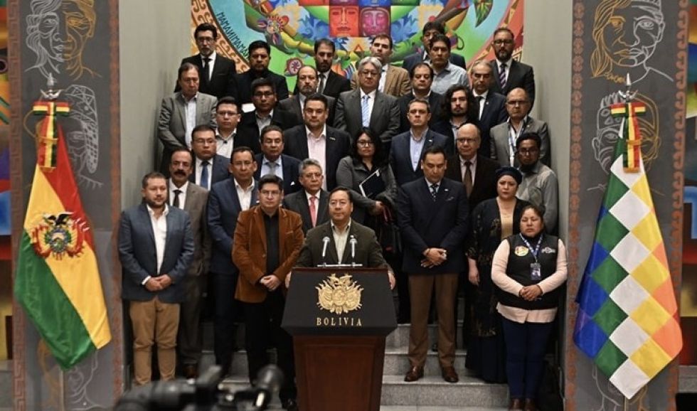 La conferencia conjunta que ofrecieron el viernes el presidente Luis Arce y los empresarios.